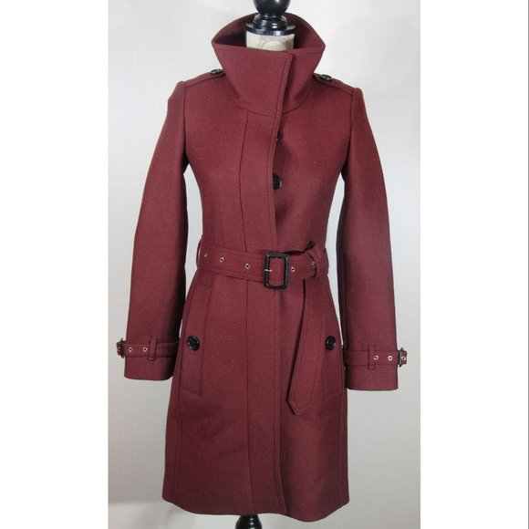 Burberry Technical Wool Cashmere Funnel Neck Coat, Burgundy, Size 0 US, 2 UK - Picture 1 of 10
